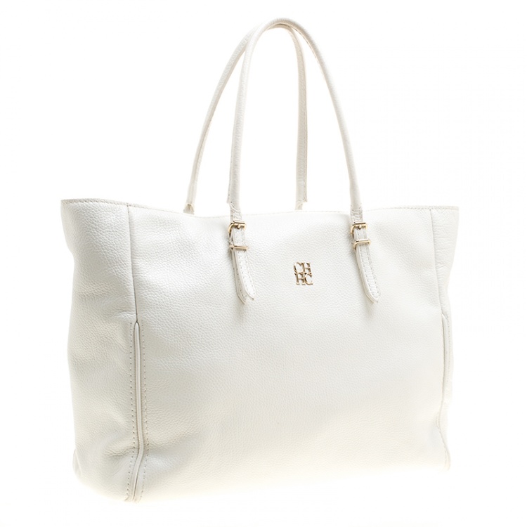 Pre Owned Carolina Herrera White Leather Shopper Tote