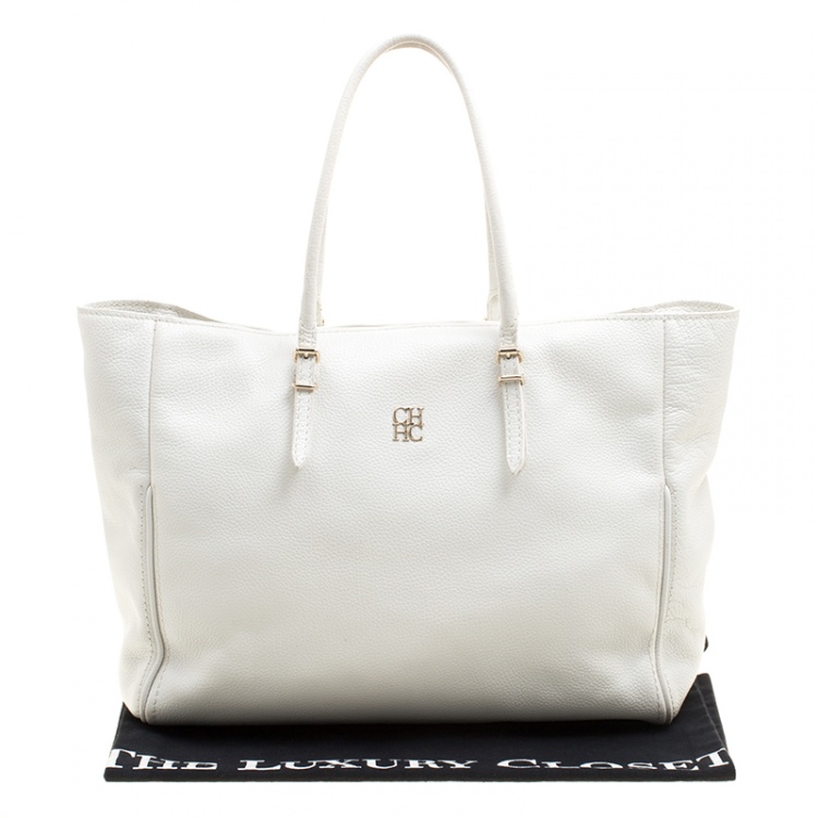 Pre Owned Carolina Herrera White Leather Shopper Tote