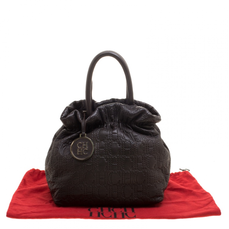 Pre Owned Carolina Herrera Black Monogram Embossed Leather Tote