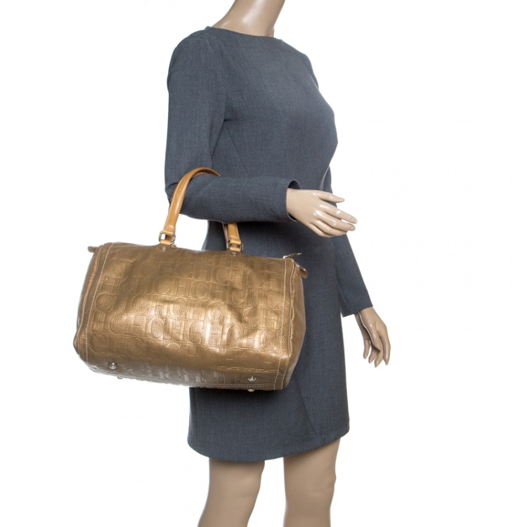 Pre Owned Carolina Herrera Gold Monogram Leather Andy Boston Bag