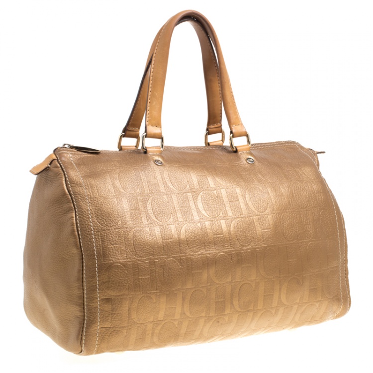 Pre Owned Carolina Herrera Gold Monogram Leather Andy Boston Bag