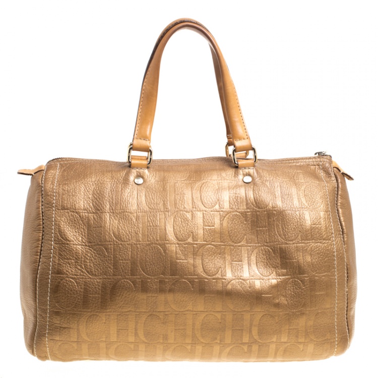 Pre Owned Carolina Herrera Gold Monogram Leather Andy Boston Bag