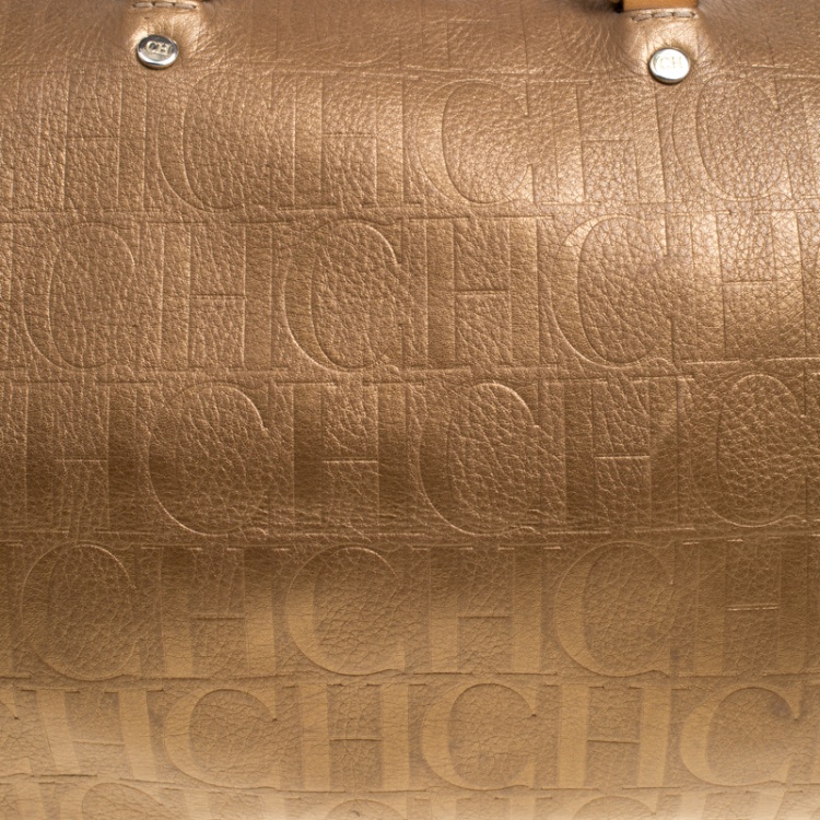 Pre Owned Carolina Herrera Gold Monogram Leather Andy Boston Bag