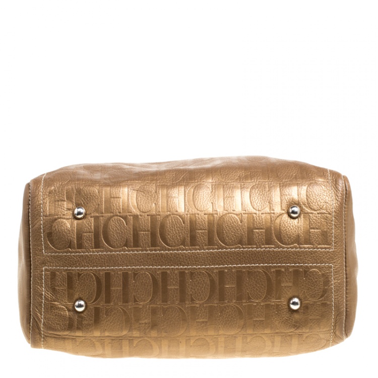 Pre Owned Carolina Herrera Gold Monogram Leather Andy Boston Bag