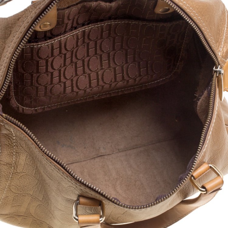 Pre Owned Carolina Herrera Gold Monogram Leather Andy Boston Bag