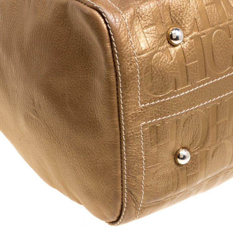 Pre Owned Carolina Herrera Gold Monogram Leather Andy Boston Bag