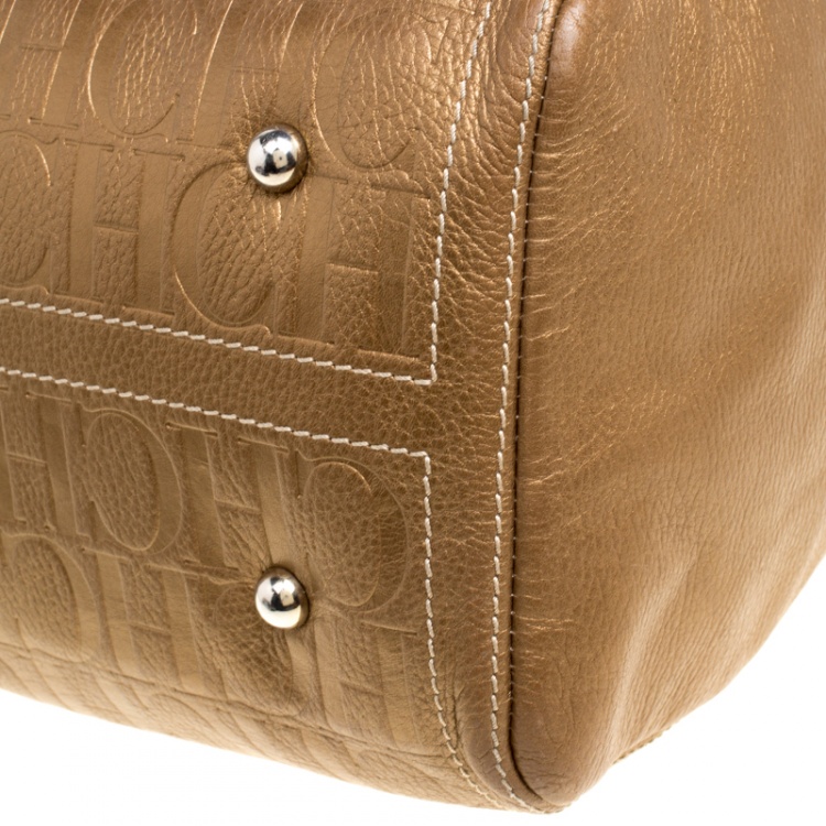 Pre Owned Carolina Herrera Gold Monogram Leather Andy Boston Bag