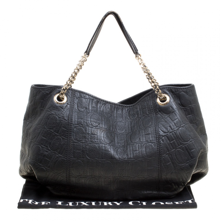 Pre Owned Carolina Herrera Black Monogram Leather Shoulder Bag