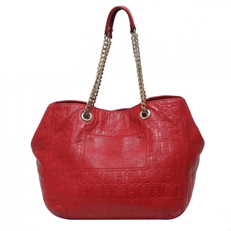 Pre Owned Carolina Herrera Red Monogram Leather Audrey Tote