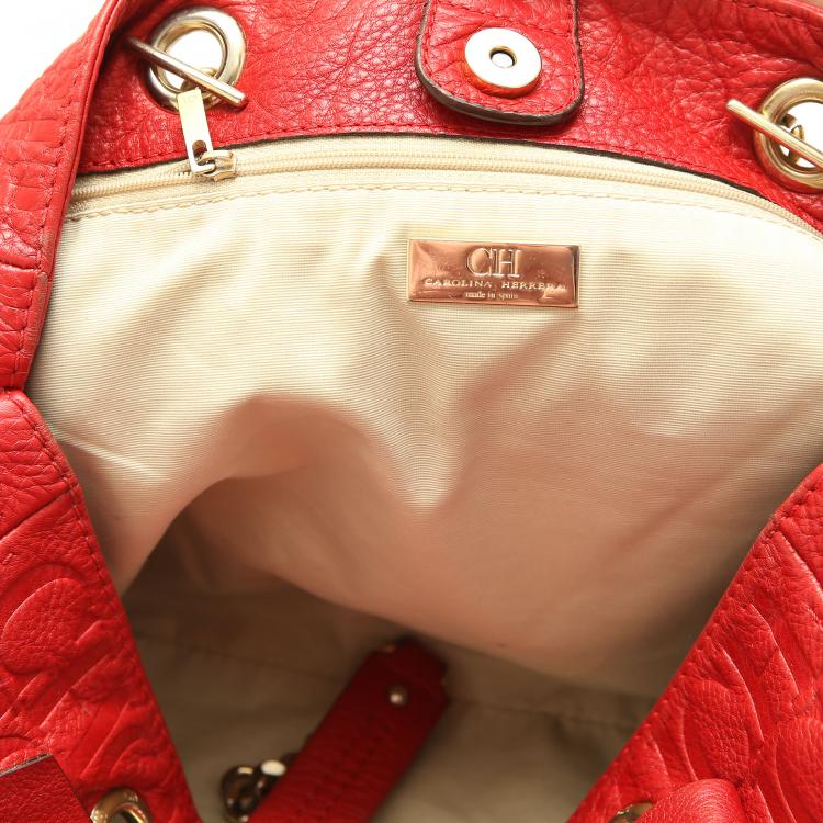 Pre Owned Carolina Herrera Red Monogram Leather Audrey Tote