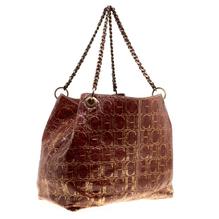 Pre Owned Carolina Herrera Copper Monogram Leather Chain Tote