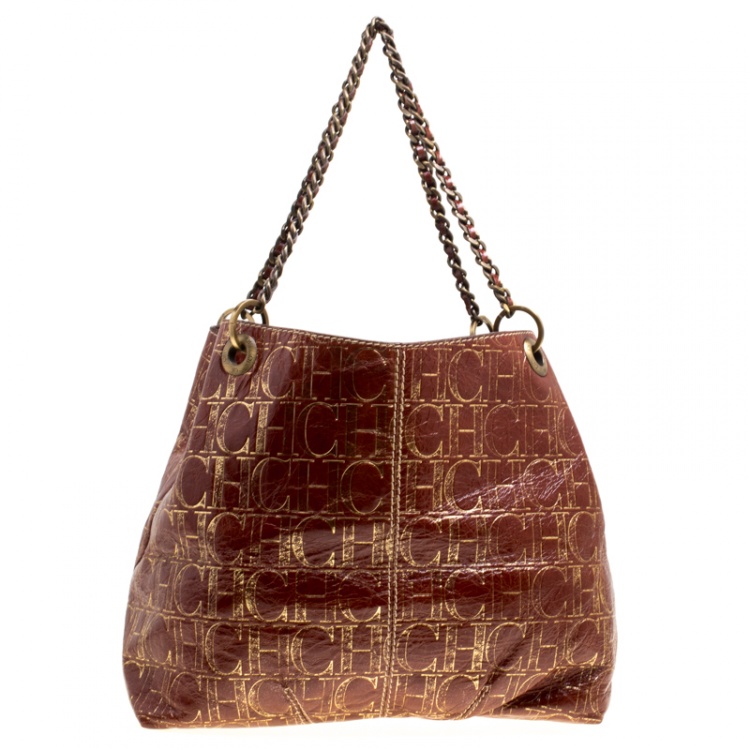 Pre Owned Carolina Herrera Copper Monogram Leather Chain Tote