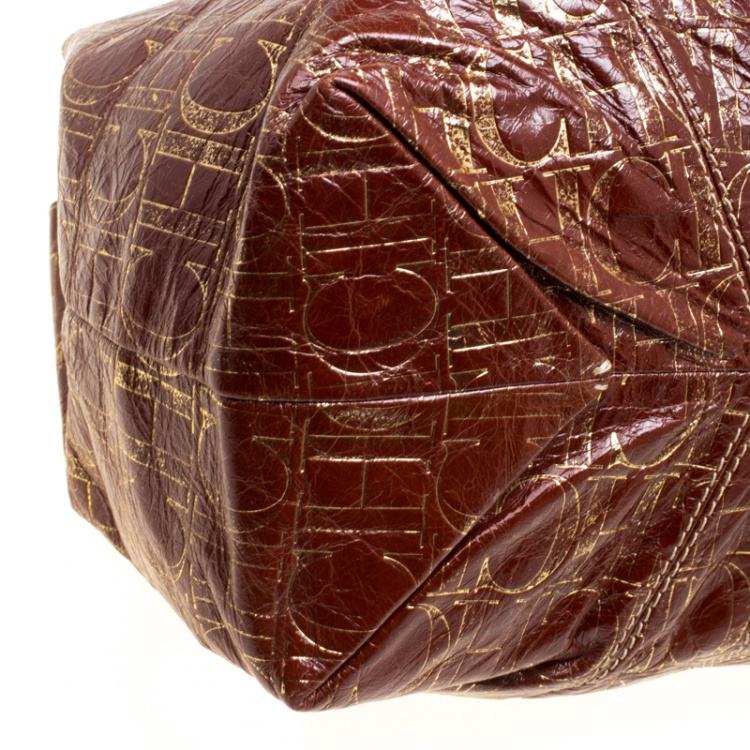 Pre Owned Carolina Herrera Copper Monogram Leather Chain Tote