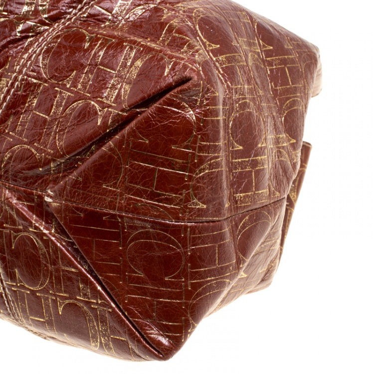 Pre Owned Carolina Herrera Copper Monogram Leather Chain Tote