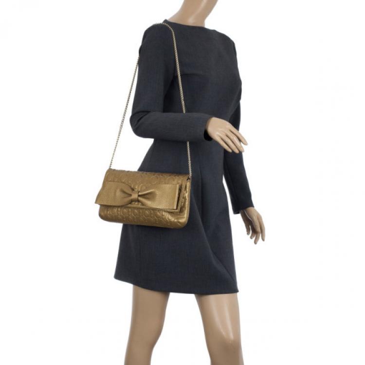 Pre Owned Carolina Herrera Gold Monogram Embossed Bow Bag