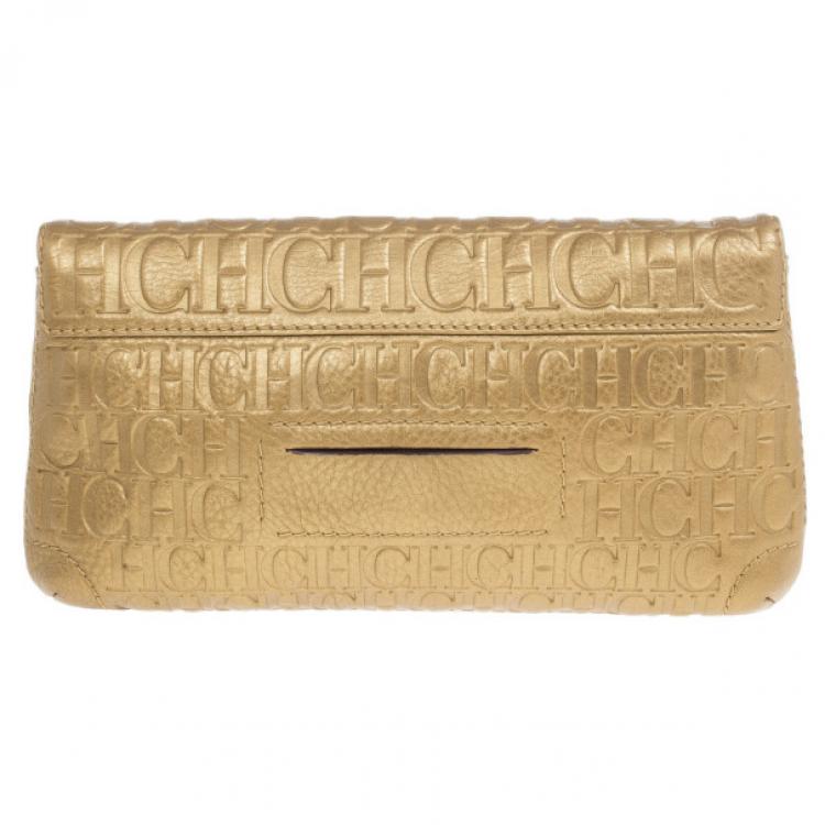 Pre Owned Carolina Herrera Gold Monogram Embossed Bow Bag