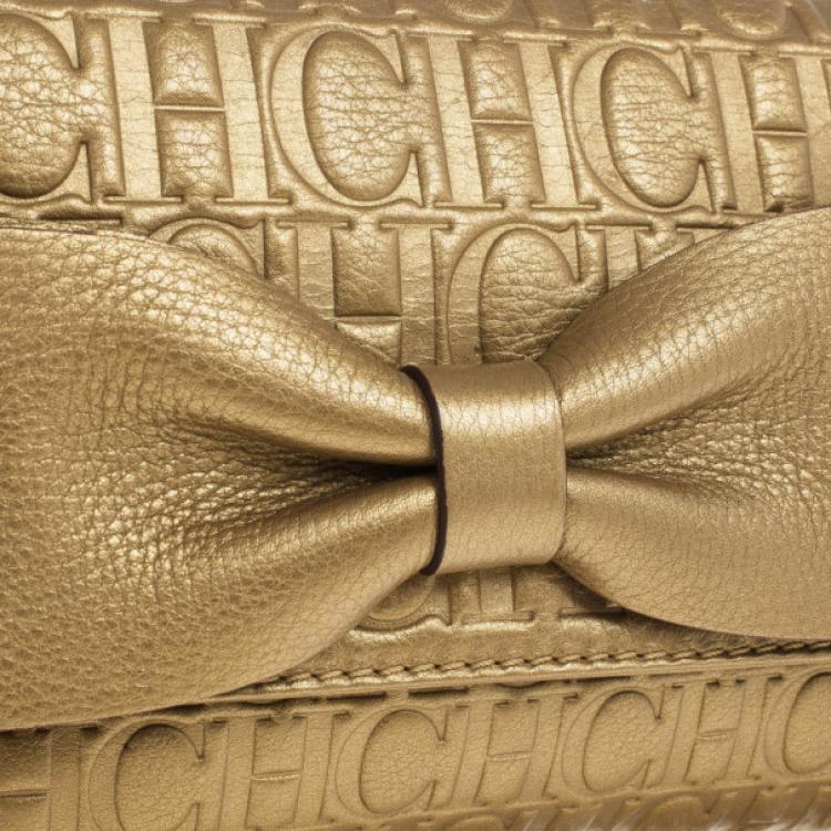 Pre Owned Carolina Herrera Gold Monogram Embossed Bow Bag
