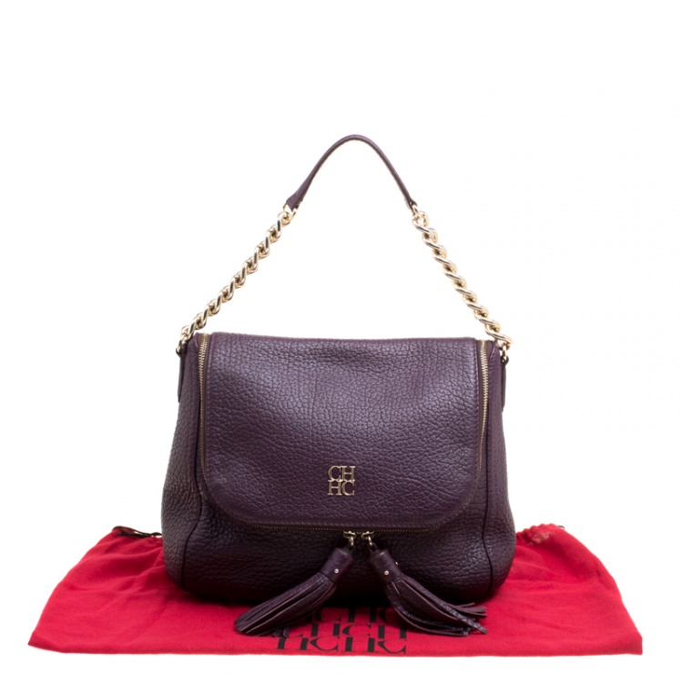 Pre Owned  Carolina Herrera Burgundy Leather Tassel Hobo