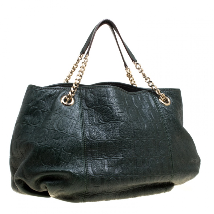 Pre Owned Carolina Herrera Black Monogram Leather Poppy Hobo