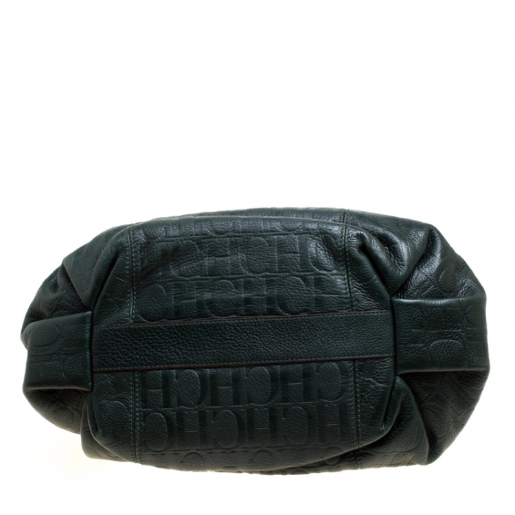 Pre Owned Carolina Herrera Black Monogram Leather Poppy Hobo