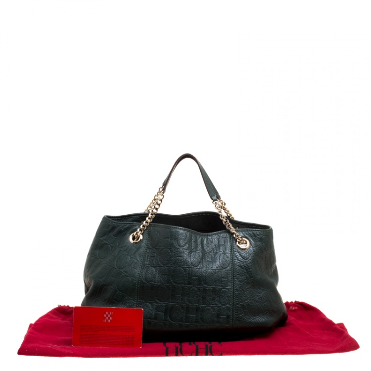 Pre Owned Carolina Herrera Black Monogram Leather Poppy Hobo