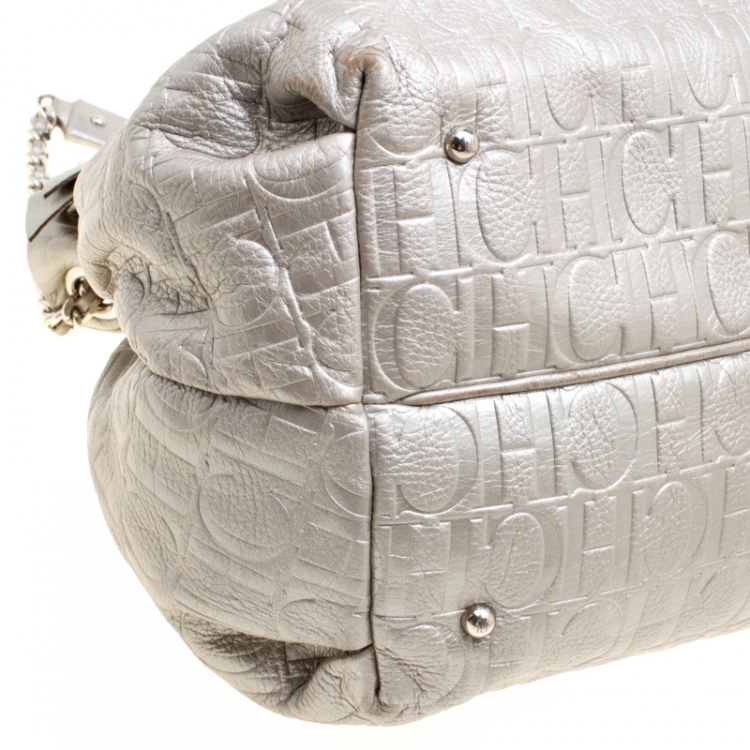 Pre Owned Carolina Herrera Silver Monogram Embossed Leather Bow Bucket Shoulder Bag