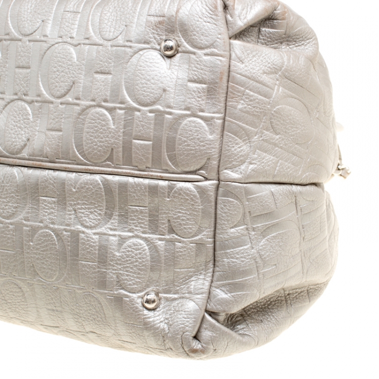 Pre Owned Carolina Herrera Silver Monogram Embossed Leather Bow Bucket Shoulder Bag