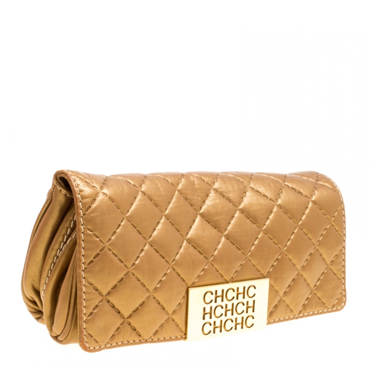 Pre Owned Carolina Herrera Gold Quilted Leather Clutch