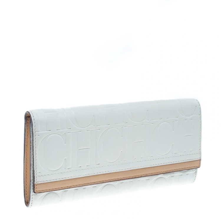 Pre Owned Carolina Herrera White/Beige Monogram Leather Continental Wallet