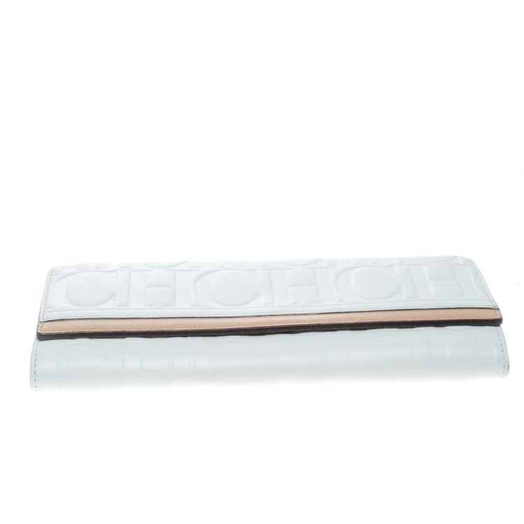 Pre Owned Carolina Herrera White/Beige Monogram Leather Continental Wallet