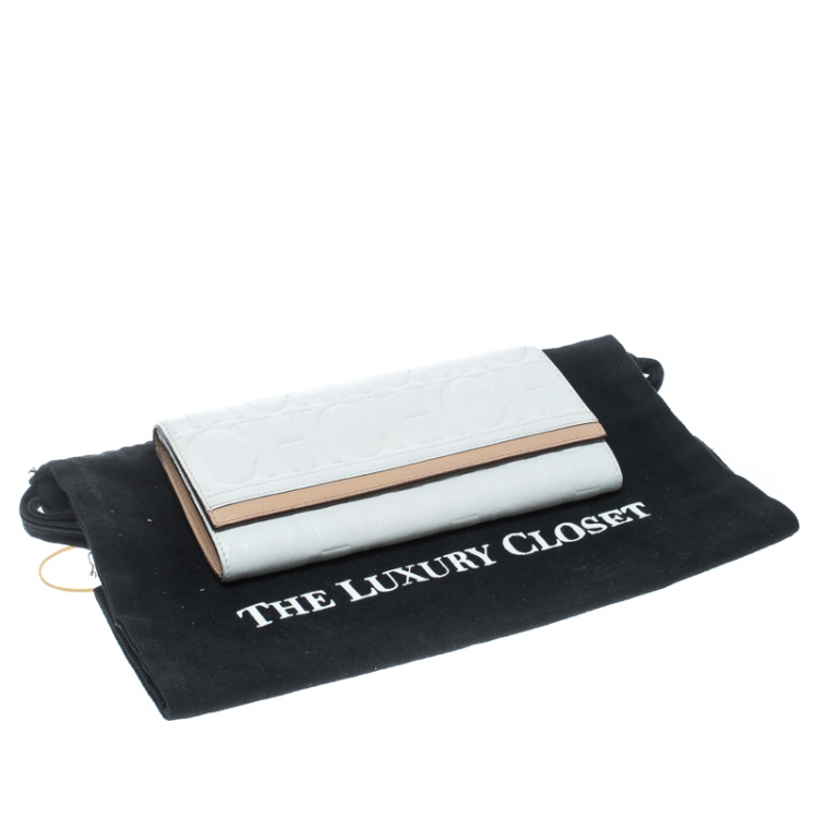 Pre Owned Carolina Herrera White/Beige Monogram Leather Continental Wallet