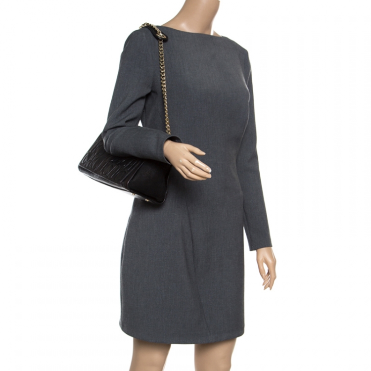 Pre Owned Carolina Herrera Black Nubuck and Monogram Leather Shoulder Bag