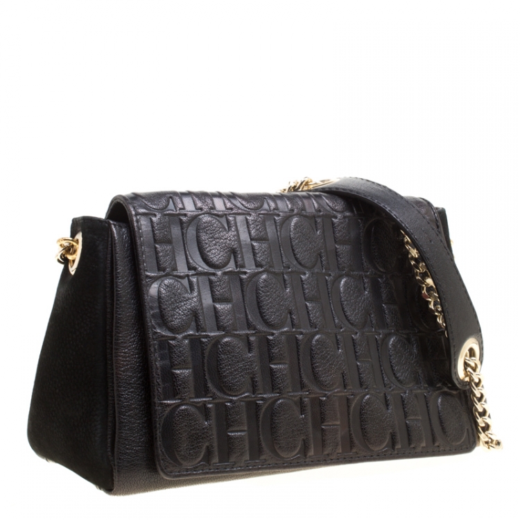 Pre Owned Carolina Herrera Black Nubuck and Monogram Leather Shoulder Bag