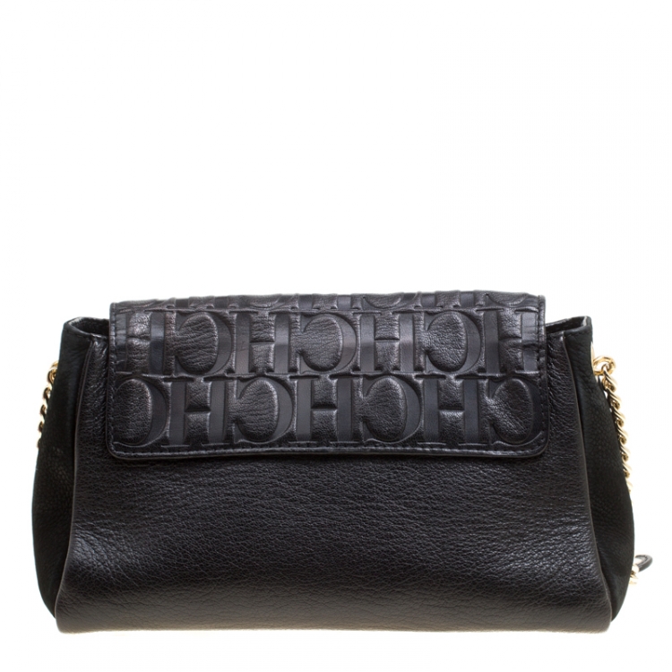 Pre Owned Carolina Herrera Black Nubuck and Monogram Leather Shoulder Bag