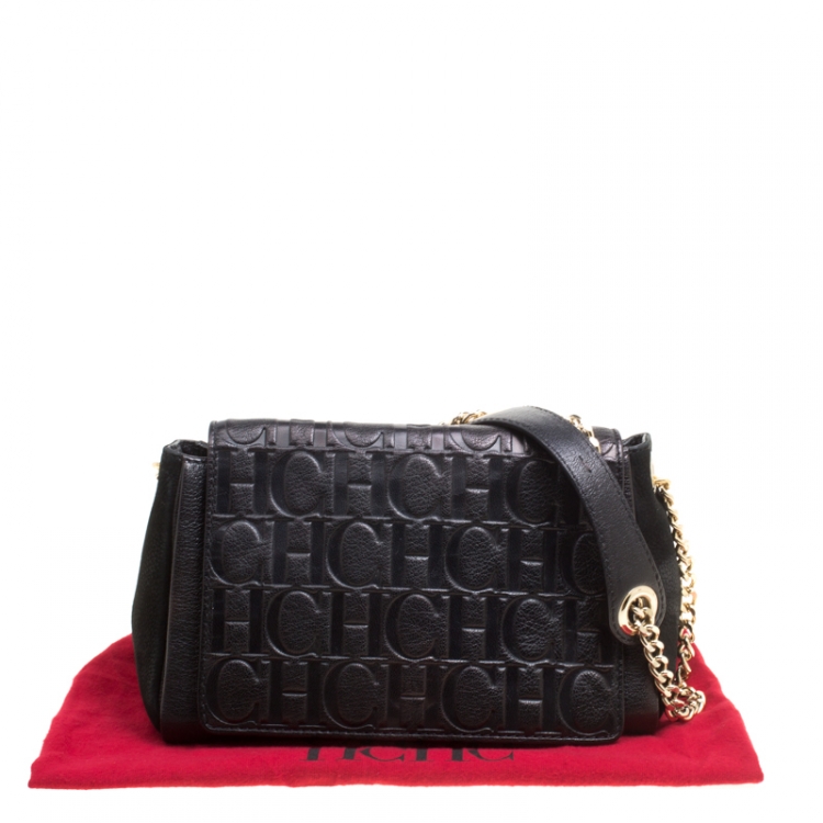 Pre Owned Carolina Herrera Black Nubuck and Monogram Leather Shoulder Bag