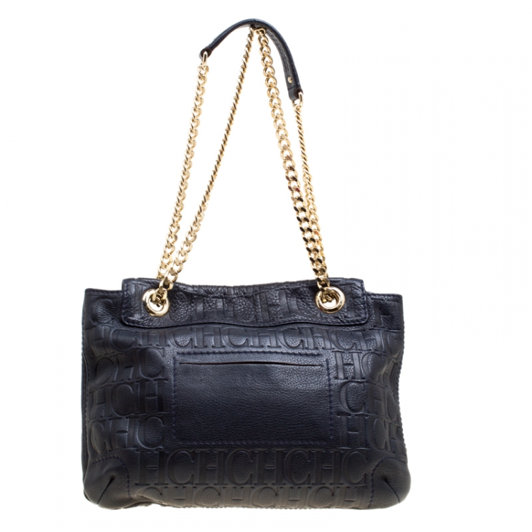 Pre Owned Carolina Herrera Dark Blue Monogram Leather Audrey Shoulder Bag