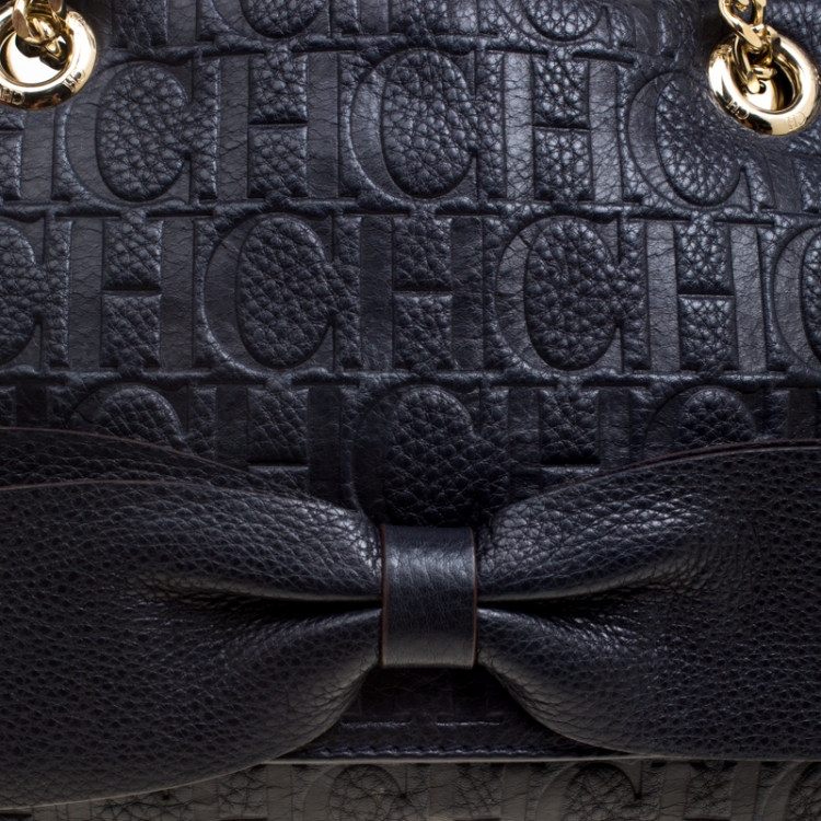 Pre Owned Carolina Herrera Dark Blue Monogram Leather Audrey Shoulder Bag