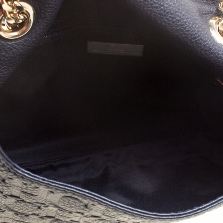 Pre Owned Carolina Herrera Dark Blue Monogram Leather Audrey Shoulder Bag