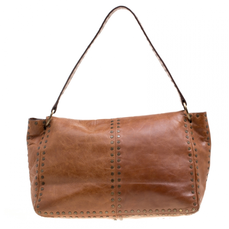 Pre Owned Carolina Herrera Brown Leather Studded Shoulder Bag