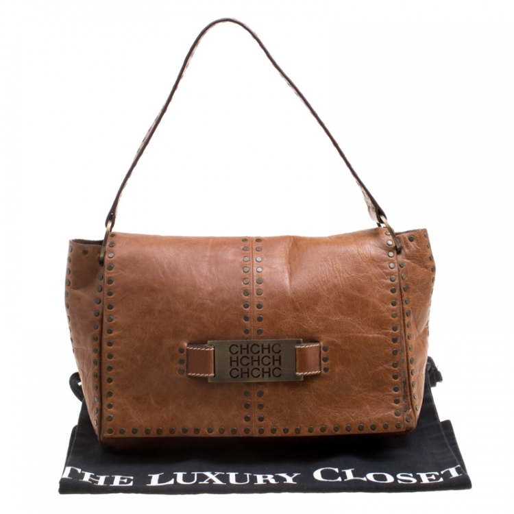 Pre Owned Carolina Herrera Brown Leather Studded Shoulder Bag