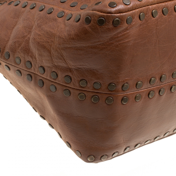 Pre Owned Carolina Herrera Brown Leather Studded Shoulder Bag