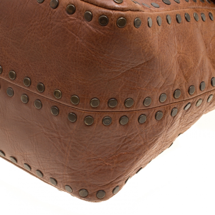 Pre Owned Carolina Herrera Brown Leather Studded Shoulder Bag