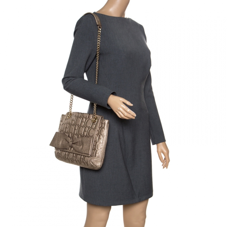 Pre Owned Carolina Herrera Gold Monogram Leather Audrey Shoulder Bag