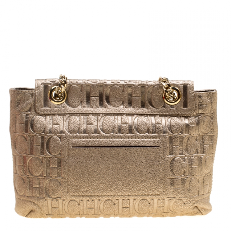 Pre Owned Carolina Herrera Gold Monogram Leather Audrey Shoulder Bag