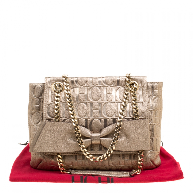 Pre Owned Carolina Herrera Gold Monogram Leather Audrey Shoulder Bag