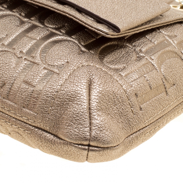 Pre Owned Carolina Herrera Gold Monogram Leather Audrey Shoulder Bag