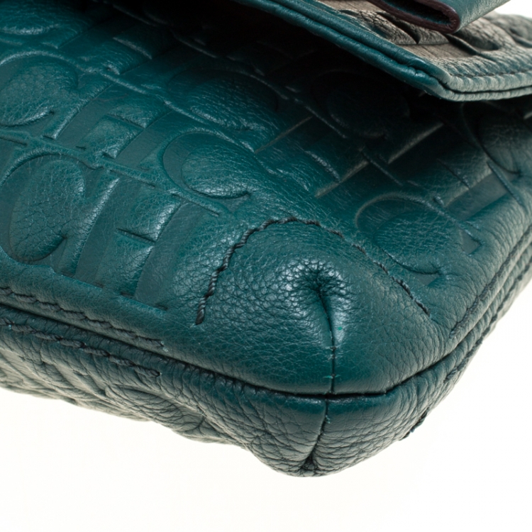 Pre Owned Carolina Herrera Green Monogram Leather Bow Clutch