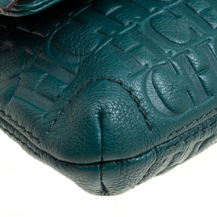 Pre Owned Carolina Herrera Green Monogram Leather Bow Clutch