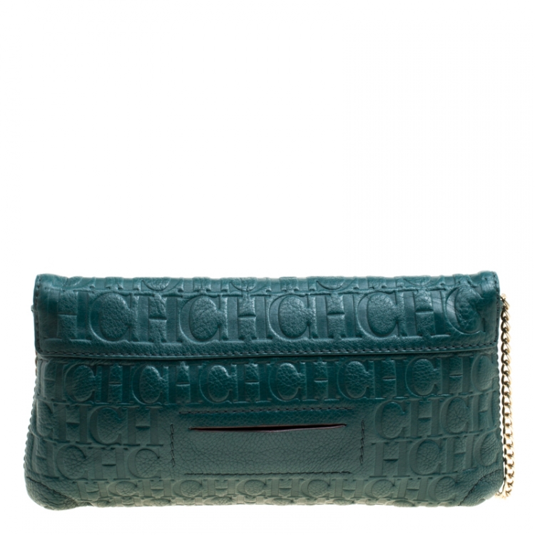 Pre Owned Carolina Herrera Green Monogram Leather Bow Clutch