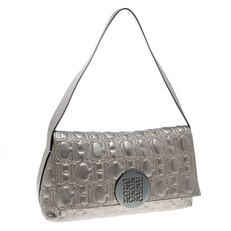 Pre Owned Carolina Herrera Metallic Grey Monogram Leather Shoulder Bag